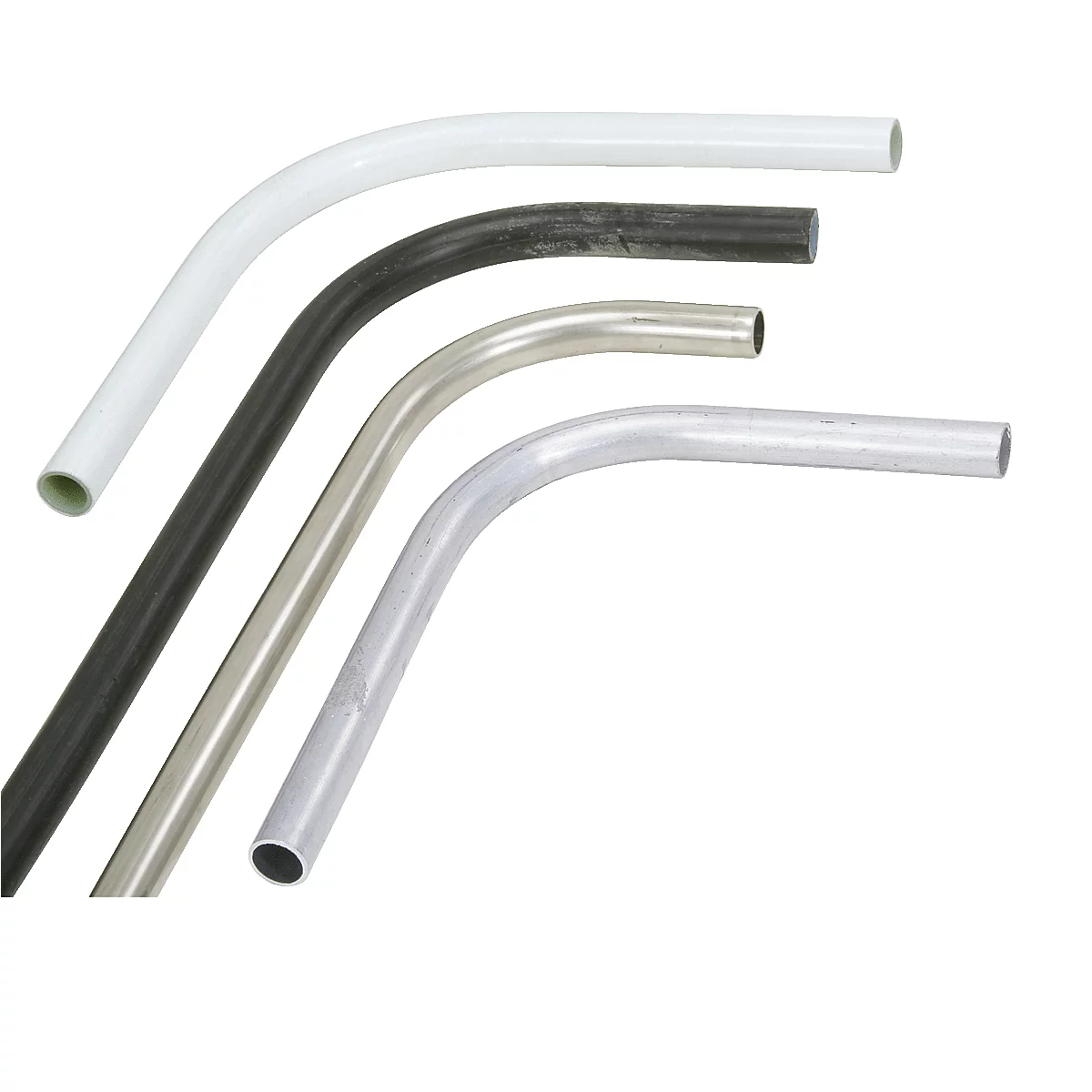 Ansicht von vier gebogenen Rohren in Weiß, Schwarz, Silber und Grau, isoliert vor weißem Hintergrund.